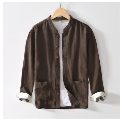 Camisa Lino Cuello Mao Manga Larga Transpirable Estilo Asiático para Hombre - Image 14
