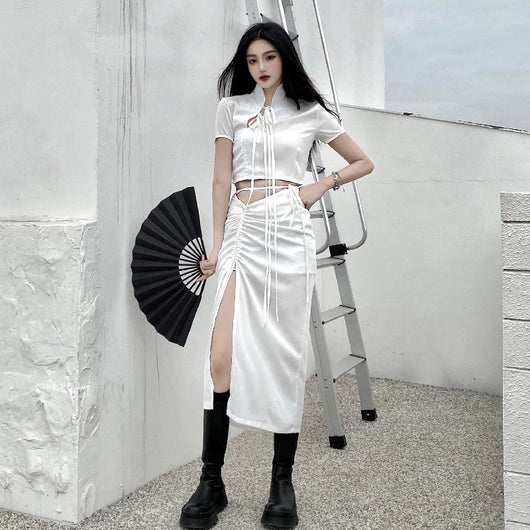 Falda Cheongsam Corta Estilo Hong Kong con Cuello Mandarin y Cintura Alta - Image 25
