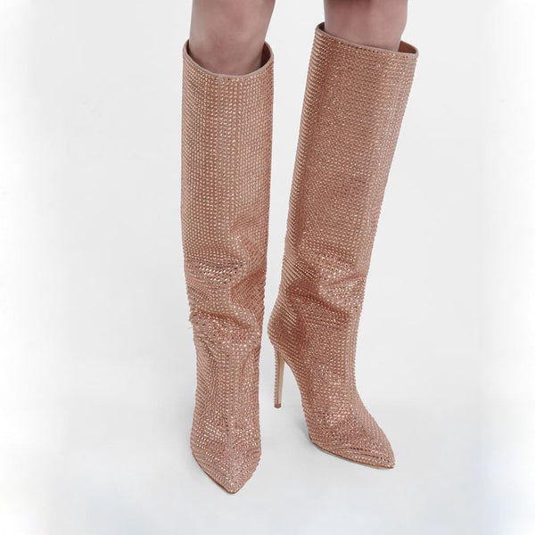 Botas Altas de Tacón Stiletto con Strass y Punta Fina en Cachemira
