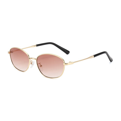 Small oval metal sunglasses for women with a gold frame and brown gradient lenses, featuring black temple tips. - Image 15