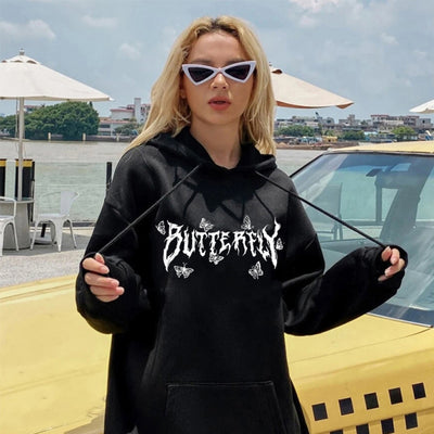 Sudadera Holgada Gótica con Mariposa y Letras para Parejas - Image 14