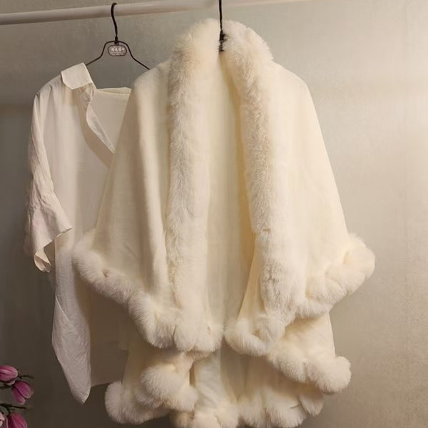 Capa Tejida Gruesa con Cuello de Pelaje para Otoño-Invierno