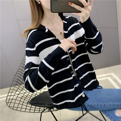Cardigan Suelto Rayas con Capucha para Mujer
