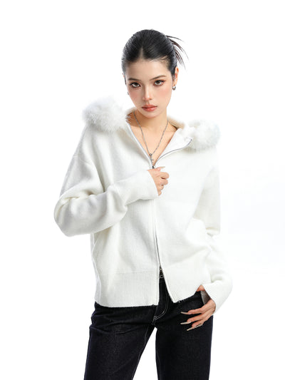Abrigo Cardigan con Capucha y Cuello de Pelaje Beige para Mujer - Image 2