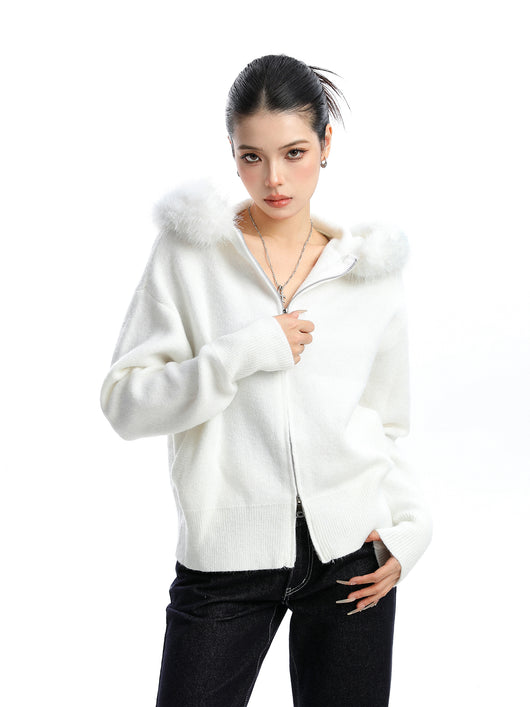Abrigo Cardigan con Capucha y Cuello de Pelaje Beige para Mujer - Image 2