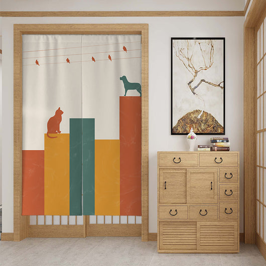 Fabric door curtain with a modern botanical design, featuring large green leaves, a snail, and geometric shapes. - Image 3