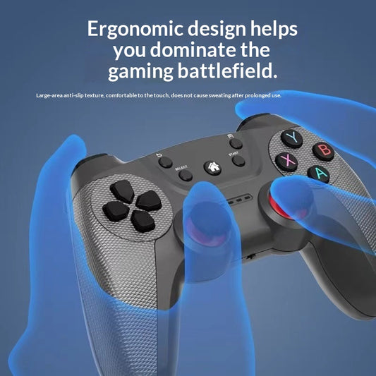 Black wireless game controller with textured grips, red-accented analog sticks, and colorful A, B, X, Y buttons.