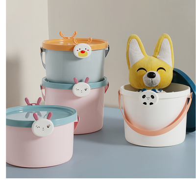 Two plastic storage buckets, one small and one large, with light blue bodies and orange lids featuring cartoon reindeer faces. - Image 12