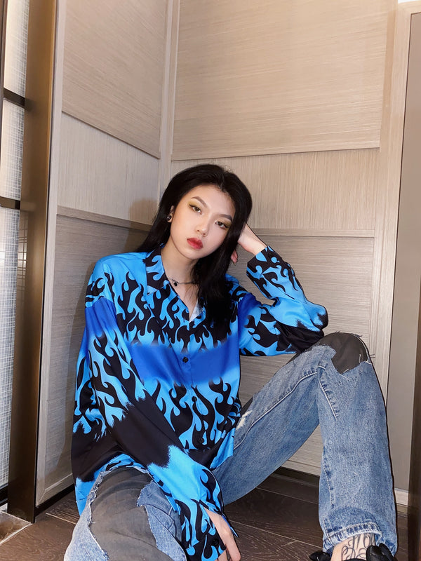 Camisa Manga Larga Estampado Llama Azul