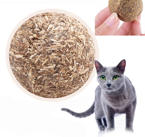 Natural Nepeta Cataria catnip ball in a clear plastic container with a label featuring a cartoon cat.