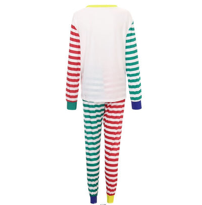 White, red, and green striped pajama set with a cartoon Santa Claus and "HO HO HO" text on the top. - Image 2