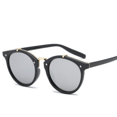 Black round sunglasses with silver mirrored lenses and gold-tone bridge and accents on a white background. - Image 11
