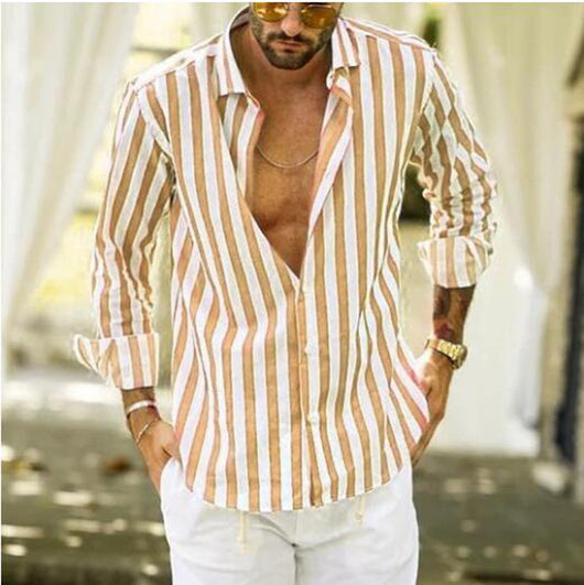 Camisa Casual de Manga Larga a Rayas con Solapa y Forro - Image 12