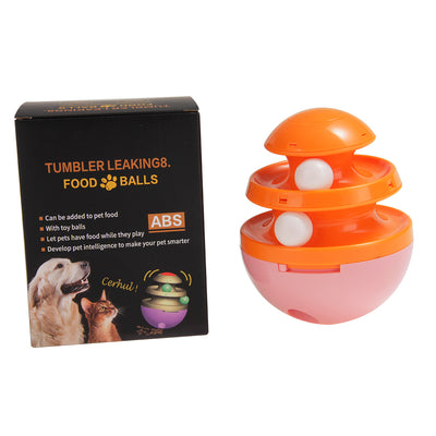 Orange and blue interactive pet food dispenser toy with multiple tiers and white balls, next to its black packaging. - Image 16