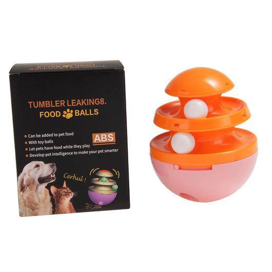 Orange and blue interactive pet food dispenser toy with multiple tiers and white balls, next to its black packaging. - Image 16