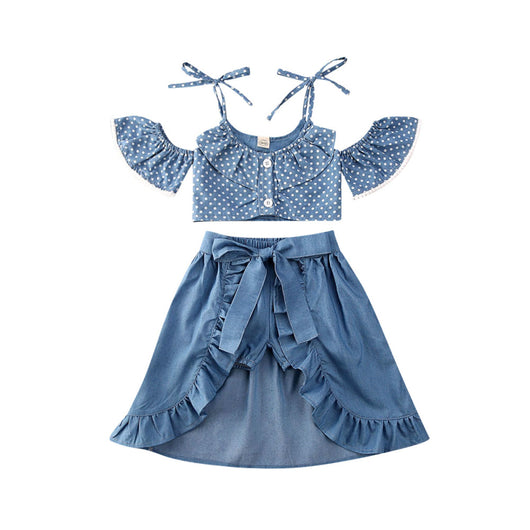 Conjunto de 3 Piezas: Short Denim con Lunares, Top Sling y Falda Corta