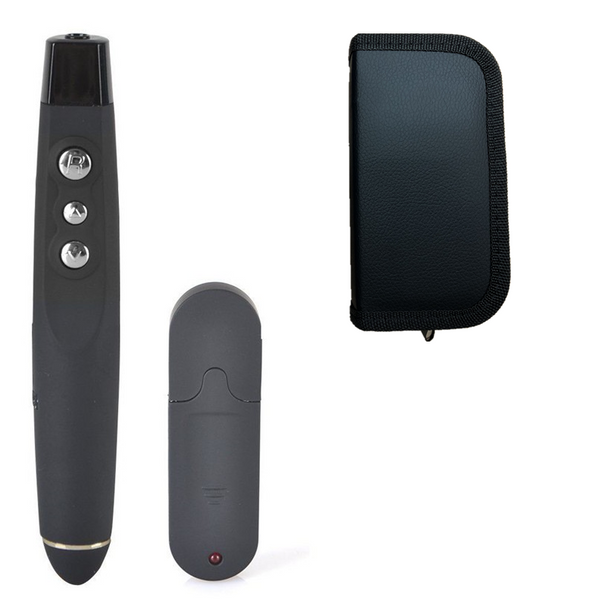 Black wireless presentation remote with laser pointer, USB receiver, and a matching black carrying case.