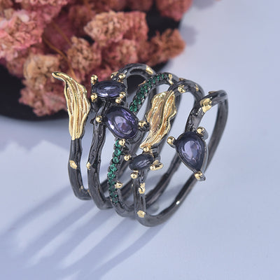 Anillo de Diamante Multicolor con Diseño de Hoja y Pluma