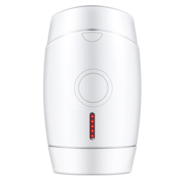 White home laser hair removal instrument with a sleek design, featuring a circular control button and red indicator lights.