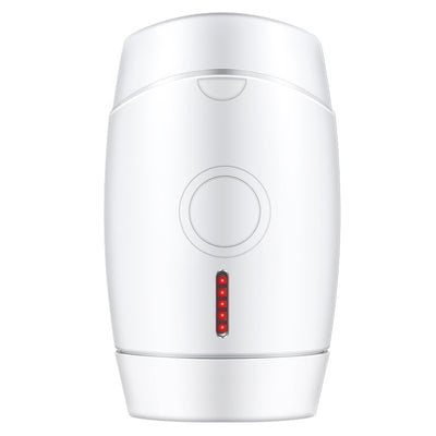 White home laser hair removal instrument with a sleek design, featuring a circular control button and red indicator lights.