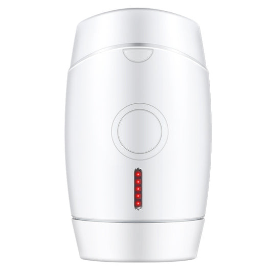 White home laser hair removal instrument with a sleek design, featuring a circular control button and red indicator lights.