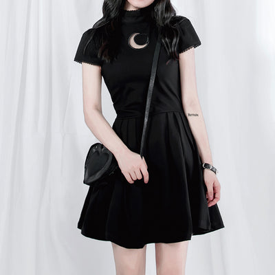 Vestido Negro Lolita Gótico con Malla Lunar y Detalles Calados