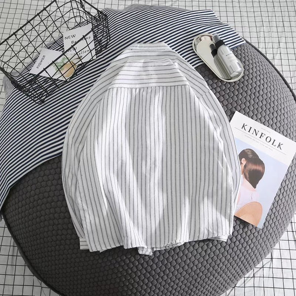 Camisa Casual de Rayas Blanca para Hombre - Manga Larga Suelta