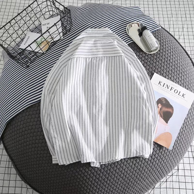 Camisa Casual de Rayas Blanca para Hombre - Manga Larga Suelta - Image 2