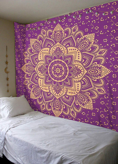Navy blue tapestry with a large gold mandala pattern and smaller gold floral designs, made of polyester. - Image 17