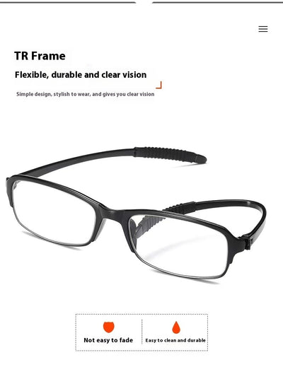 Two pairs of folding anti-blue light reading glasses, one brown and one black, partially folded on a white surface. - Image 6