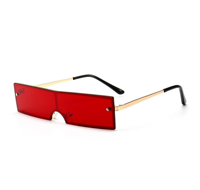 Red rectangular rimless sunglasses with gold-colored metal temples and black ear tips on a white background. - Image 12