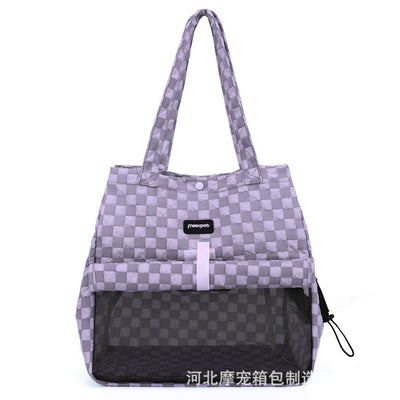 Blue and gray checkered soft pet carrier bag with mesh window and side opening for small cats or dogs. - Image 10