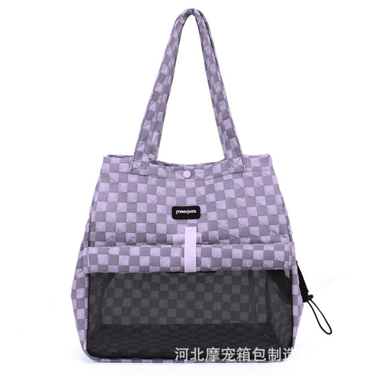 Blue and gray checkered soft pet carrier bag with mesh window and side opening for small cats or dogs. - Image 10