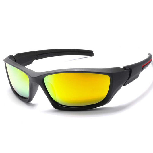 Black sports polarized sunglasses with yellow TAC lenses and a plastic frame, ideal for cycling and outdoor activities.