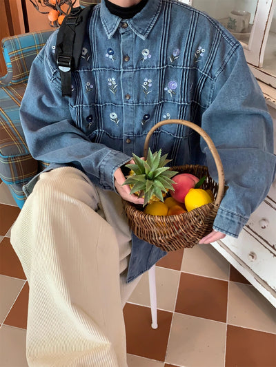 Camisa Denim Vintage Plisada Floral Lavado Clásico Manga Larga - Image 7