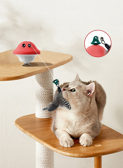 Red and white mushroom-shaped cat toy with cartoon eyes, a green loop, and a suction cup base, showing dimensions. - Image 12