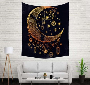 Bohemian sun and moon tapestry with a celestial pattern of golden suns and crescent moons on a dark blue background. - Image 19