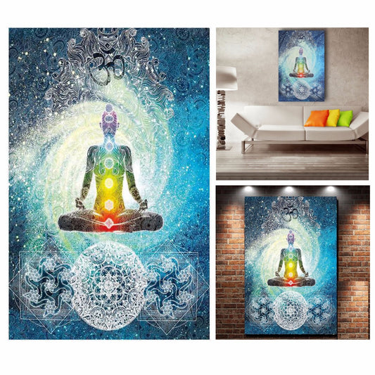 7 Chakra Buddha wall tapestry with a meditating figure, rainbow chakras, Om symbol, and cosmic blue mandala background. - Image 2