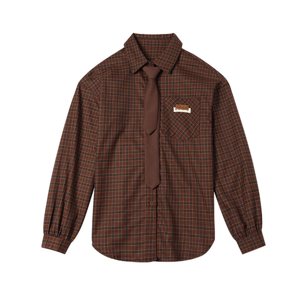 Camisa Preppy de Cuadros con Corbata Integrada de Manga Larga para Mujer - Image 3