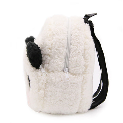 Fluffy white panda backpack for children with black ears, eyes, nose, pink cheeks, and adjustable black straps. - Image 4