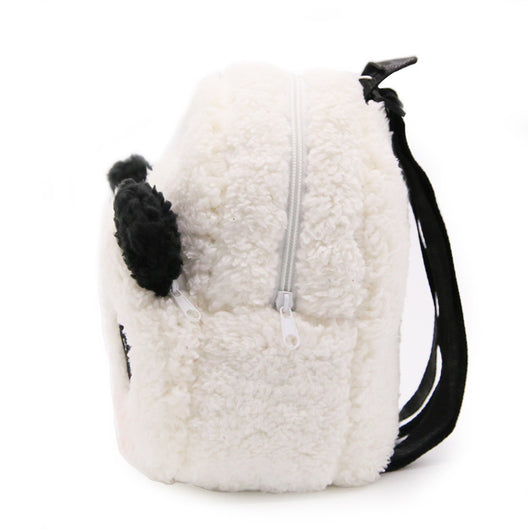 Fluffy white panda backpack for children with black ears, eyes, nose, pink cheeks, and adjustable black straps. - Image 4