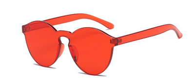 Frameless round brown transparent sunglasses with an integrated design, featuring jelly-like lenses and matching temples. - Image 11