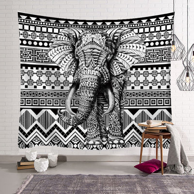 Vibrant multicolor elephant tapestry with a black background, featuring an abstract design for wall decor. - Image 6