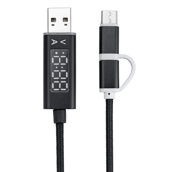 Cable de Carga 2 en 1 Micro USB y Type-C con Pantalla Digital de Voltaje