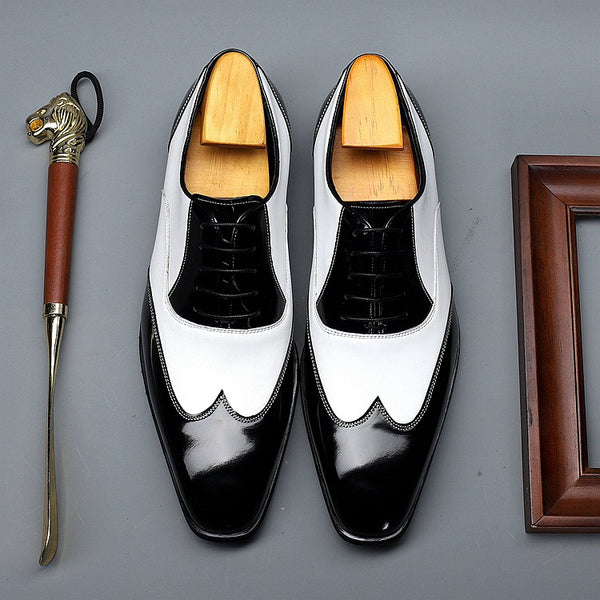 Zapatos de Negocios Retro Punta Afilada Cuero Vacuno Negro y Blanco para Hombre