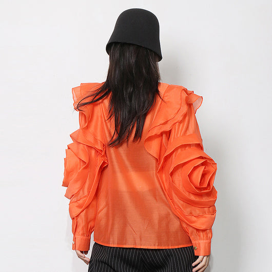 Blusa Organza Color Sólido con Cuello Solapa y Volantes - Image 4