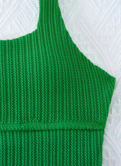 Green textured knit two-piece swimsuit with a square-neck crop top and high-waisted bottoms, featuring tie-shoulder straps. - Image 18