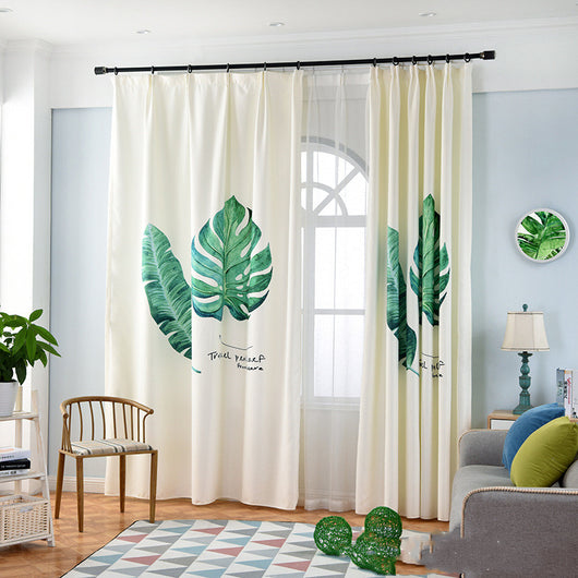 Cream curtain with large green banana leaf and tropical leaf digital print, suitable for a modern living room. - Image 7