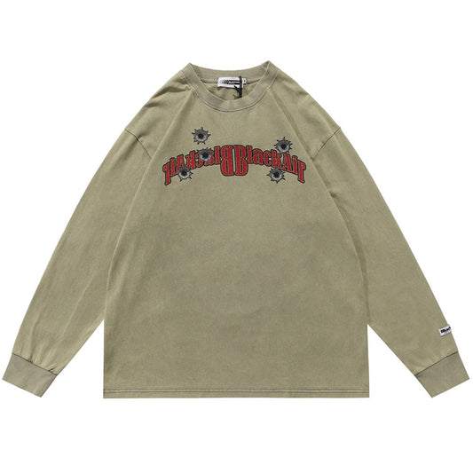 Camiseta Manga Larga Cuello Redondo Estampada con Efecto Desgastado para Hombre