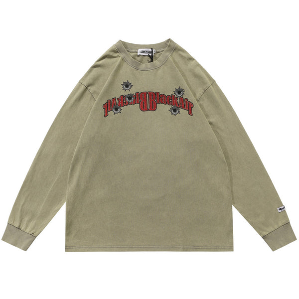 Camiseta Manga Larga Cuello Redondo Estampada con Efecto Desgastado para Hombre